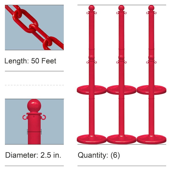 Red Medium Duty Stowable Stanchion Kit and Chain, 6PK